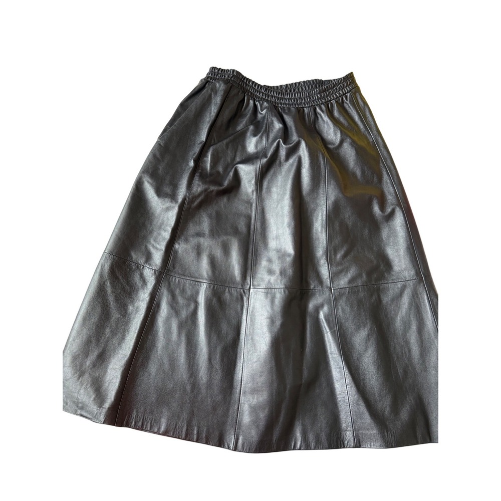 Genuine Leather Midi Skirt Elastic‎ Waist Panelled A Line Korean Style